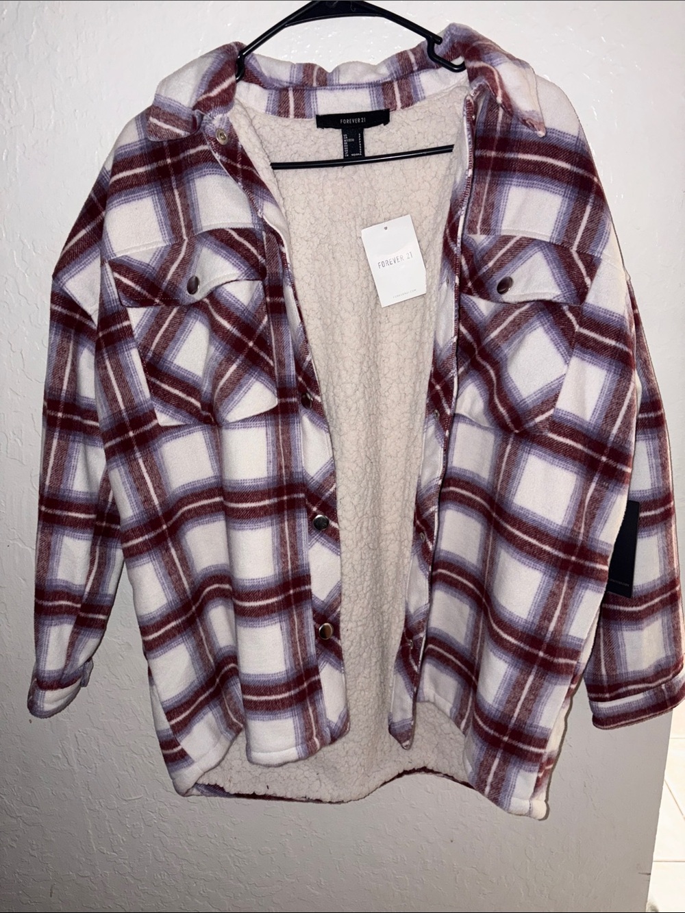 Forever 21 Cream and Burgundy Plaid Sherpa-Lined Jacket
